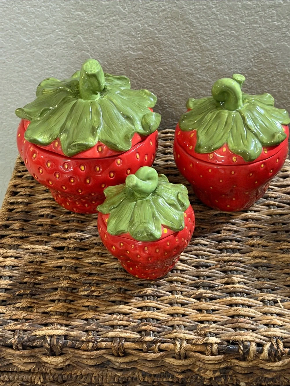 Set of 3 Ceramic Strawberry Canisters Jars with Lids Red Green Kitchen Decor